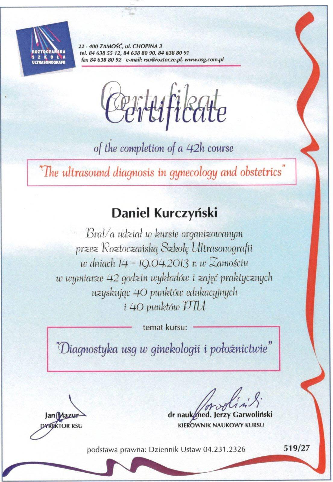 Certyfikat nr 21 Daniel KurczyÅ„ski