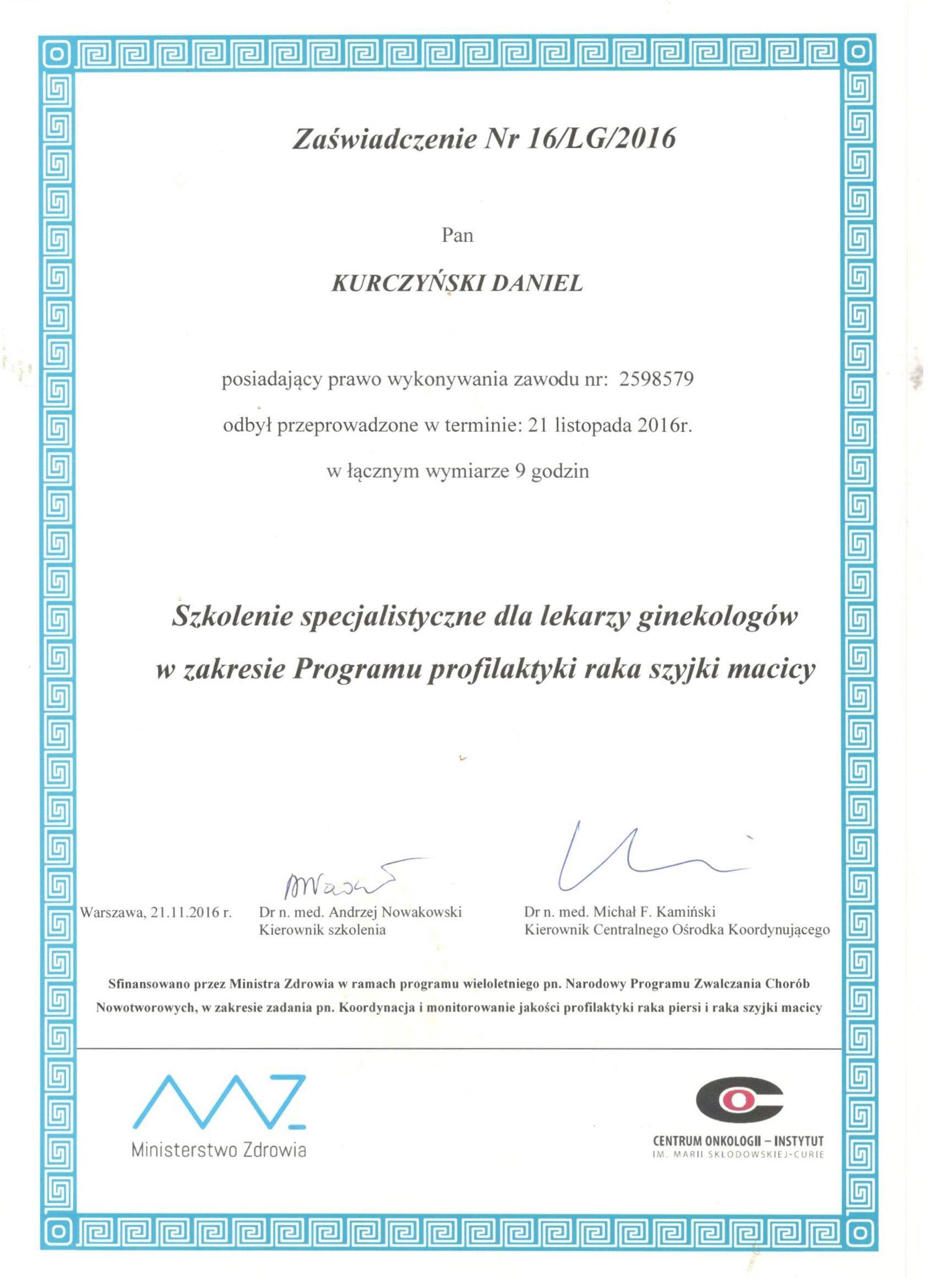 Certyfikat nr 7 Daniel KurczyÅ„ski