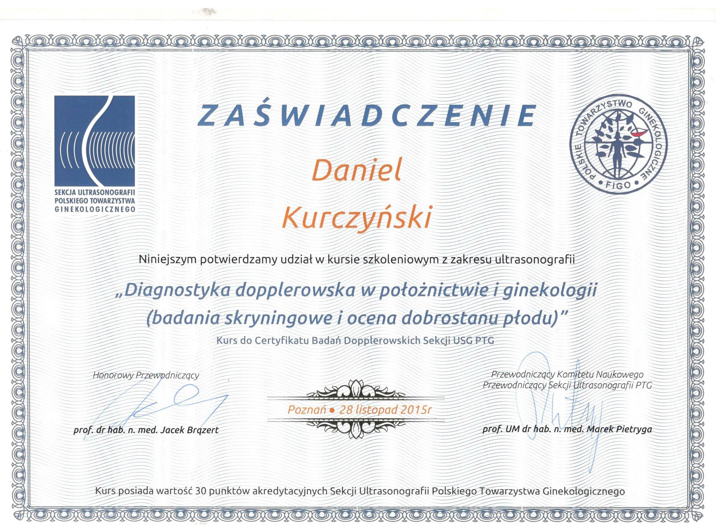 Certyfikat nr 15 Daniel KurczyÅ„ski