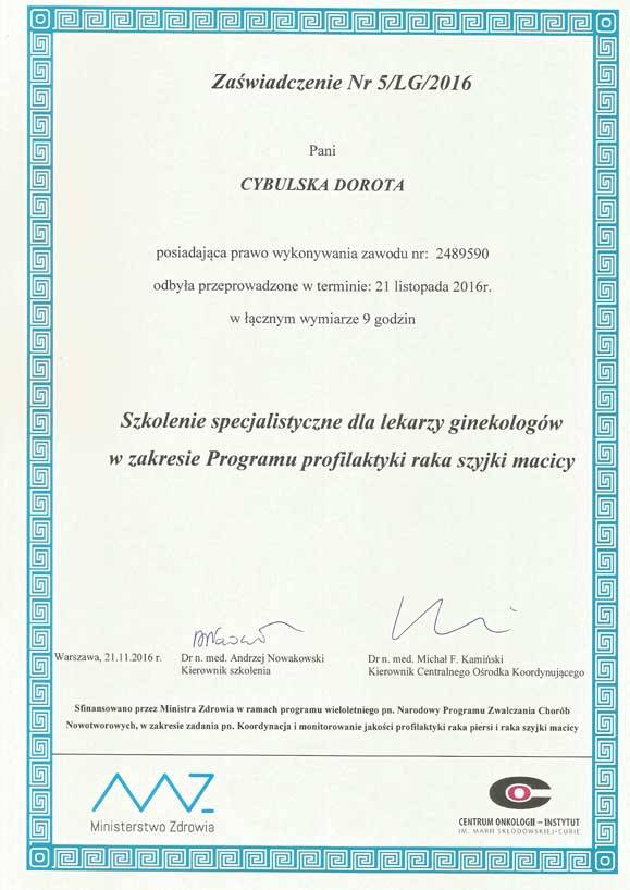 Certyfikat nr 16 Dorota Cybulska