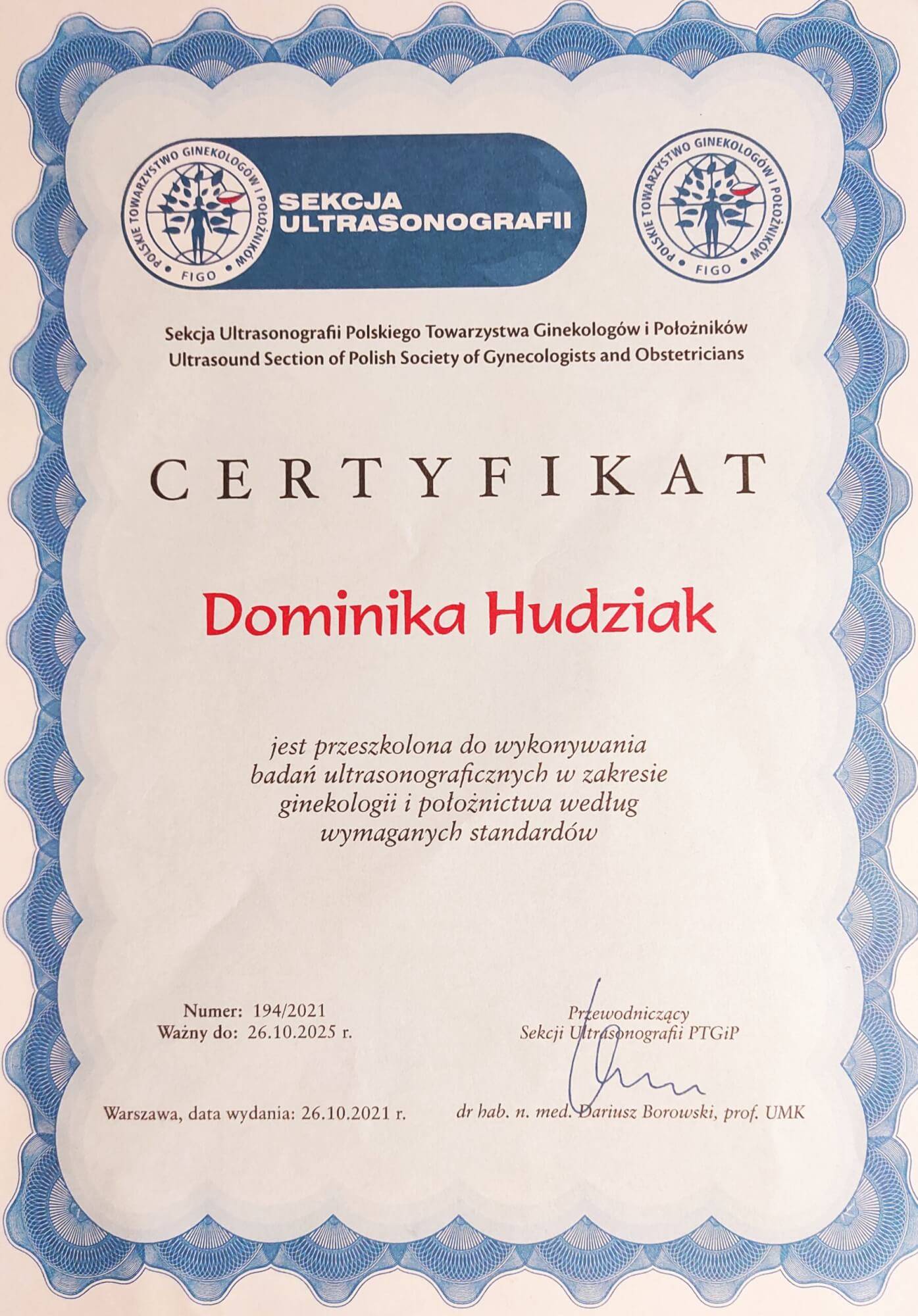 Certyfikat nr 4 Dominika Hudziak